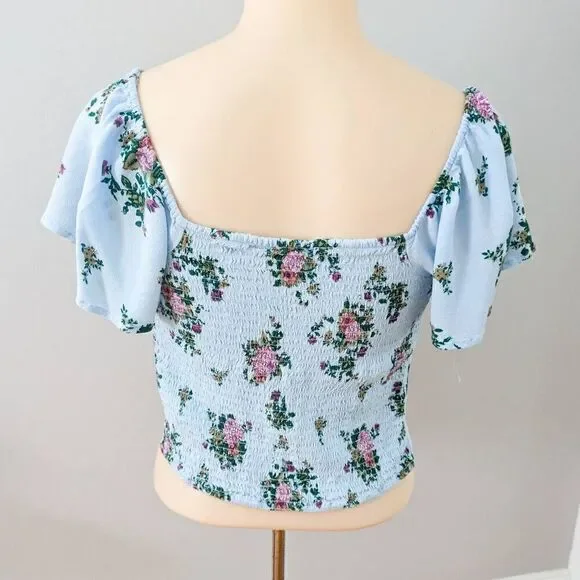 SO Lace Up Peasant Tiny Top Blue Floral - Picture 2 of 4